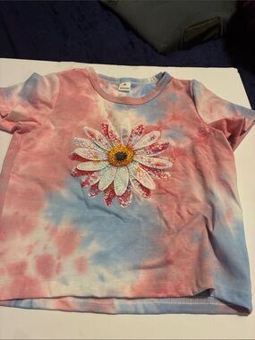 SHEIN Pink & Blue Tie-Dye Daisy Sequin Tee